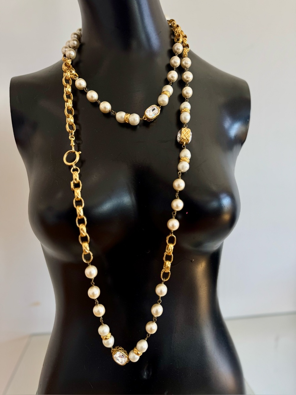 CHANEL Gold-Tone Faux Pearl & Crystal Long Necklace
